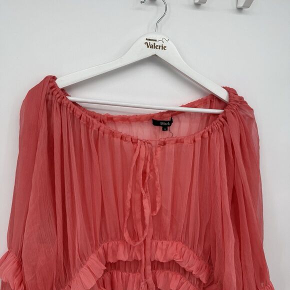 Black Ruffle Coral Pink Sheer Blouse Size Medium Y2k Style - Picture 2 of 8